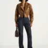 Cognac Brown Veltravia Cropped Faux Leather Notch Lapel Jacket Nestlyorahome