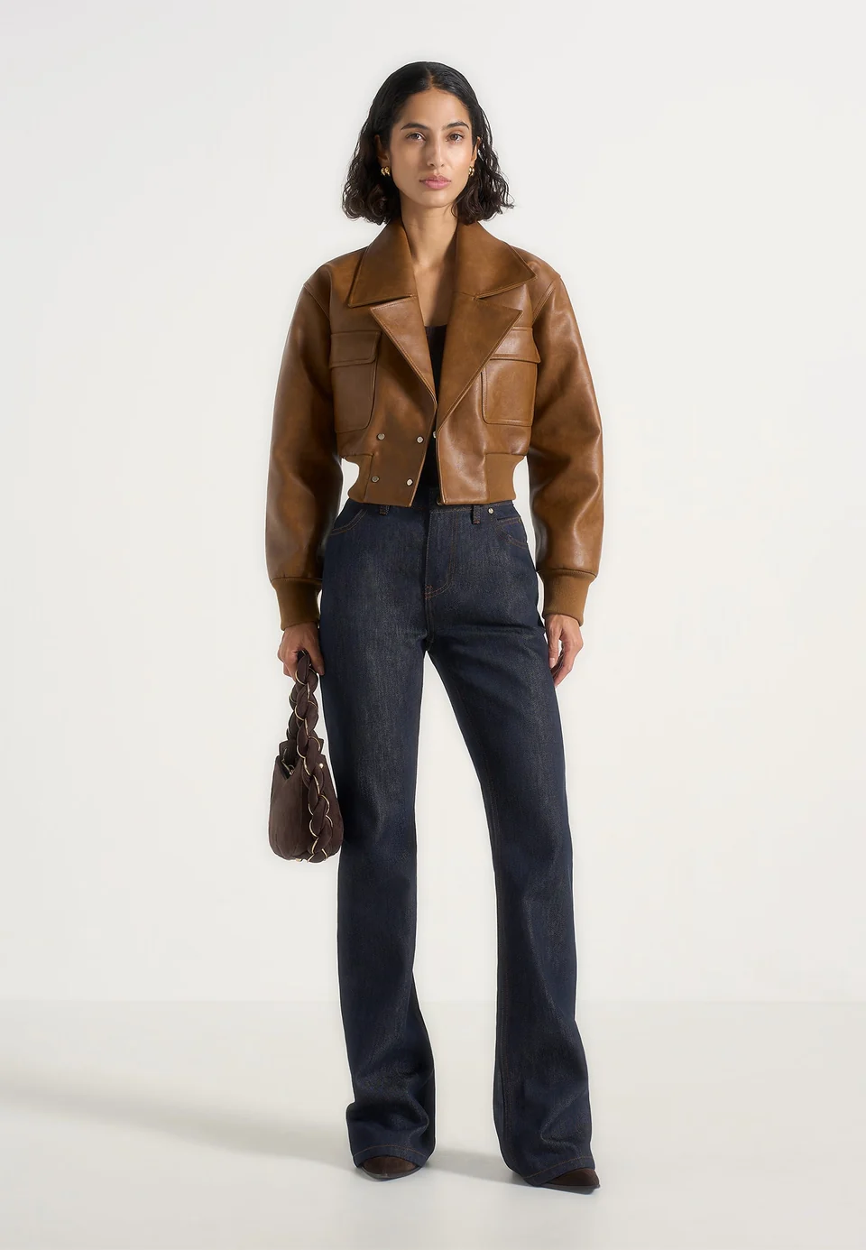 Cognac Brown Veltravia Cropped Faux Leather Notch Lapel Jacket Nestlyorahome