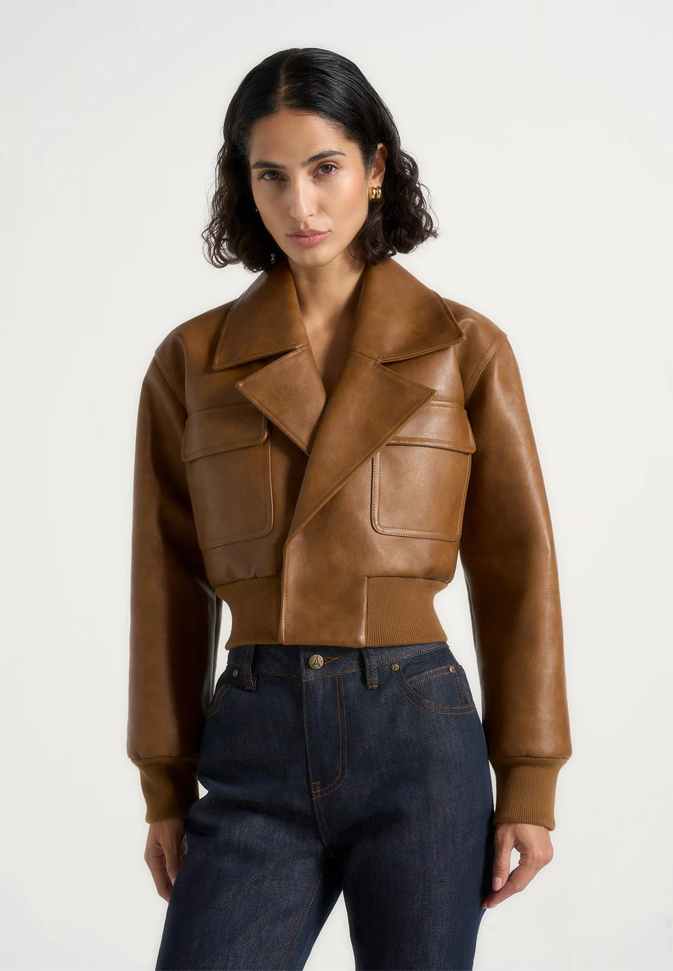Cognac Brown Veltravia Cropped Faux Leather Notch Lapel Jacket Nestlyorahome - Image 2