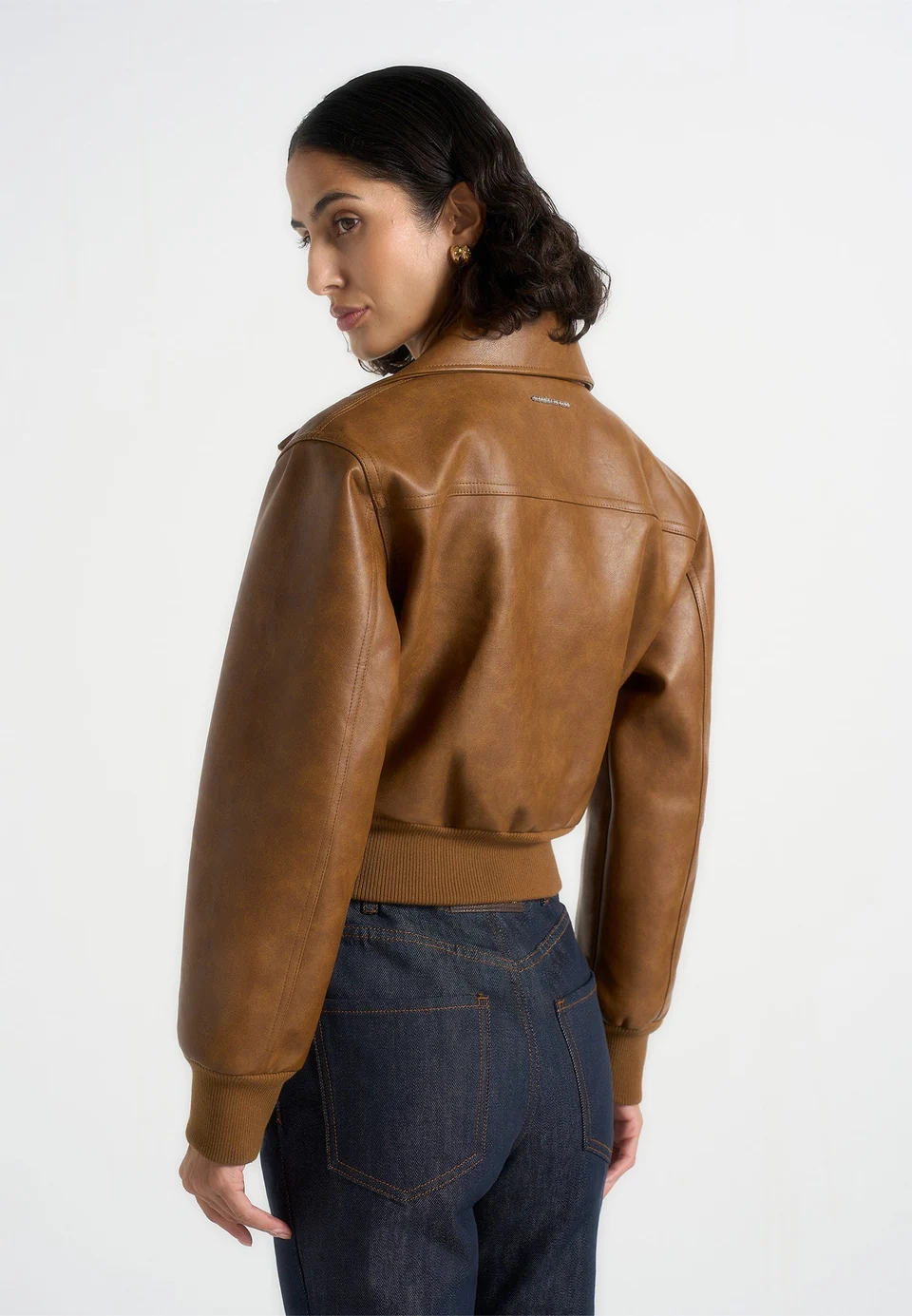 Cognac Brown Veltravia Cropped Faux Leather Notch Lapel Jacket Nestlyorahome - Image 3