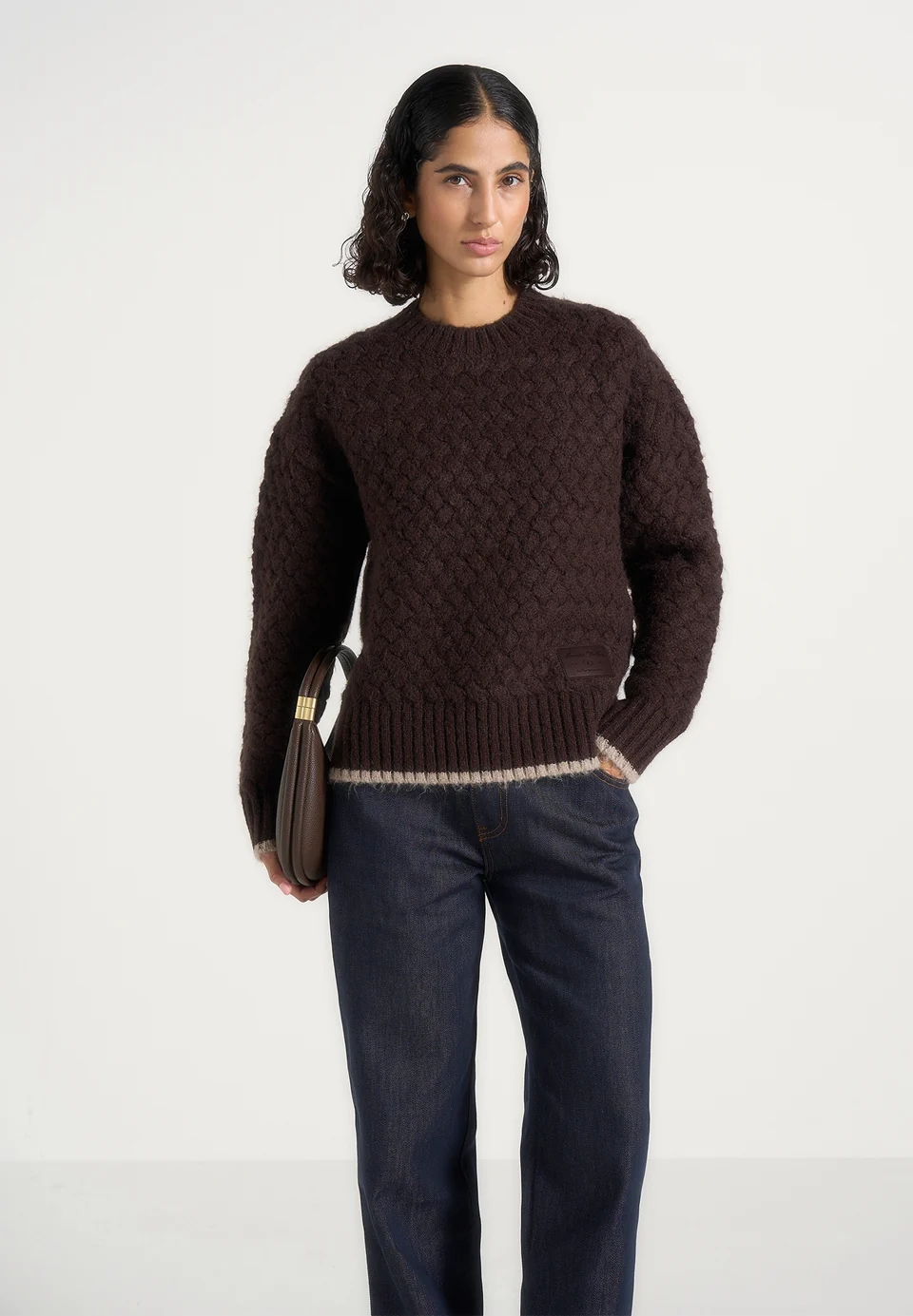 Dark Chocolate Brown Textured Basketweave Crewneck Veltrixa Sweater Nestlyorahome
