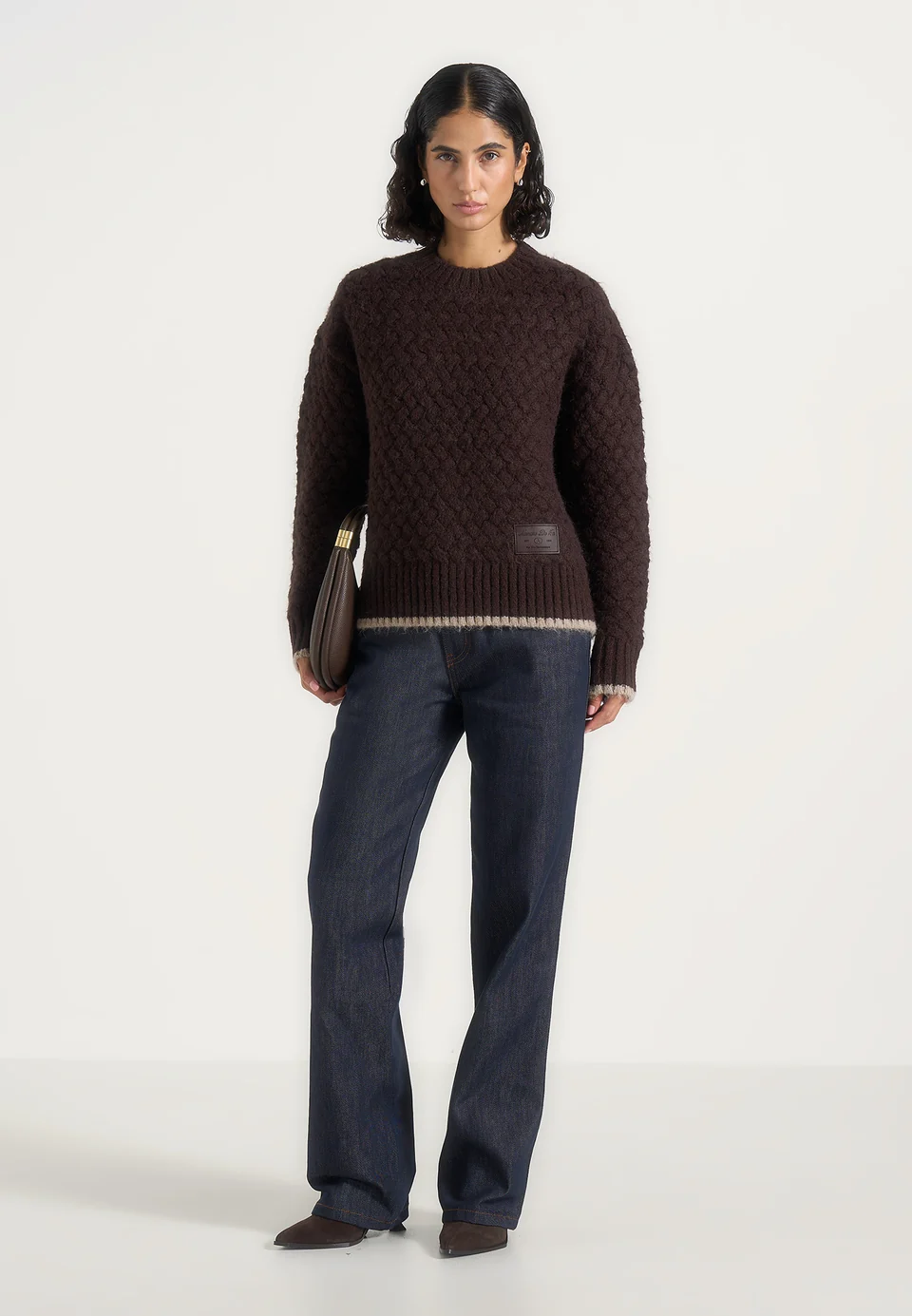 Dark Chocolate Brown Textured Basketweave Crewneck Veltrixa Sweater Nestlyorahome - Image 2