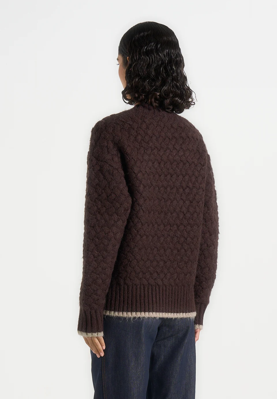 Dark Chocolate Brown Textured Basketweave Crewneck Veltrixa Sweater Nestlyorahome - Image 3