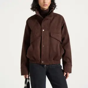Dark Chocolate Brown Zenvrisa Suede Look Stand Collar Utility Jacket Nestlyorahome