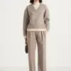 Nestlyorahome Beige Zenvoria Relaxed V Neck Ribbed Trim Long Sleeve Knit Sweater