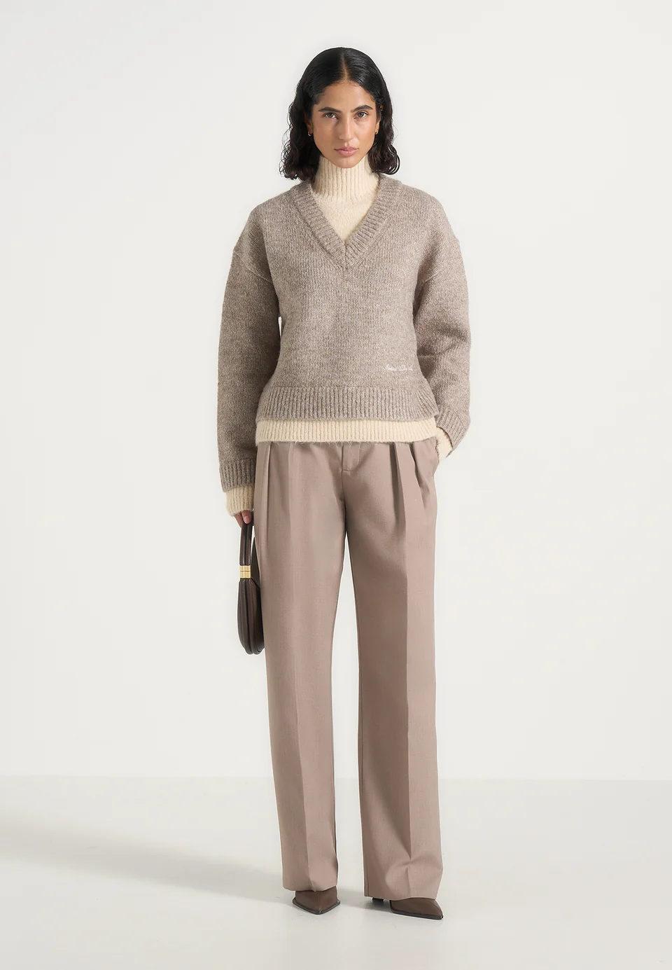 Nestlyorahome Beige Zenvoria Relaxed V Neck Ribbed Trim Long Sleeve Knit Sweater