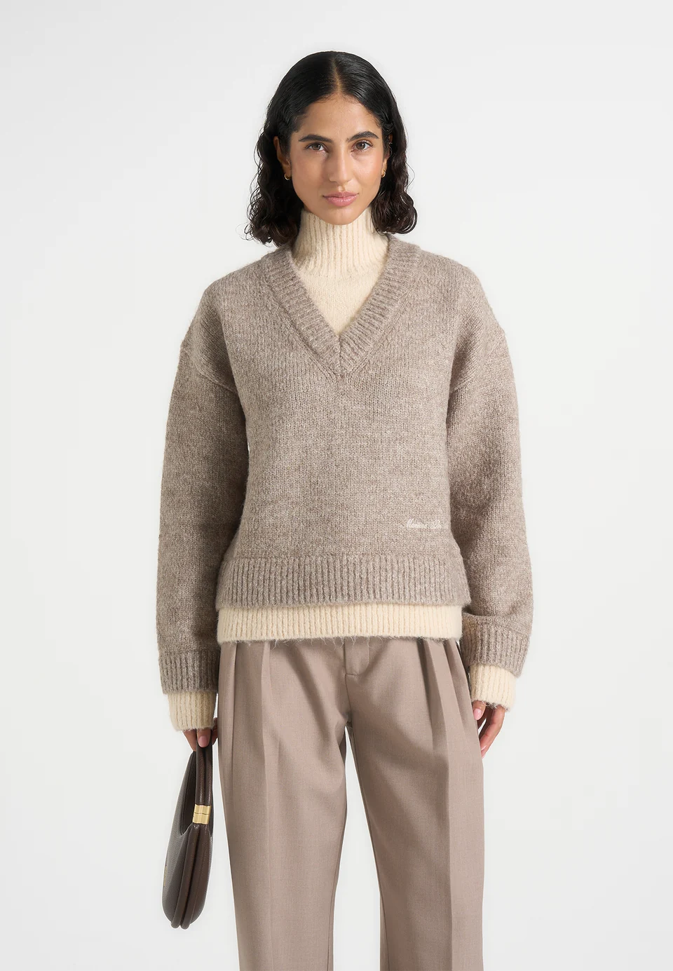 Nestlyorahome Beige Zenvoria Relaxed V Neck Ribbed Trim Long Sleeve Knit Sweater - Image 2