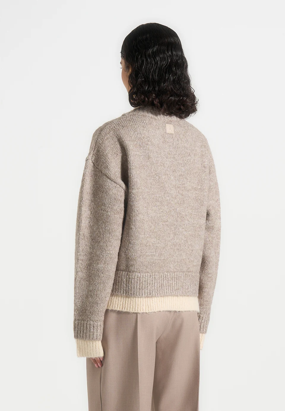 Nestlyorahome Beige Zenvoria Relaxed V Neck Ribbed Trim Long Sleeve Knit Sweater - Image 3