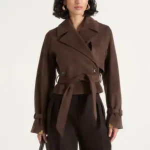 Nestlyorahome Chocolate Brown Veltrissa Suede Look Double Breasted Belted Jacket
