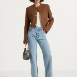 Nestlyorahome Cognac Brown Veltrissa Cropped Collarless Jacket With Gold Tone Buttons
