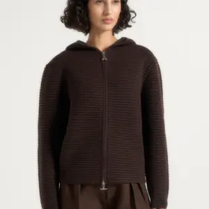 Nestlyorahome Dark Chocolate Brown Zenvrisa Ribbed Full Zip Hooded Knit Cardigan
