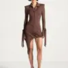 Nestlyorahome Mocha Brown Zenvrissa Asymmetric Ruched Long Sleeve Shirt Mini Dress