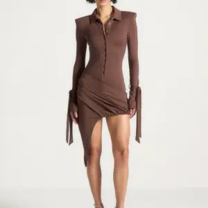 Nestlyorahome Mocha Brown Zenvrissa Asymmetric Ruched Long Sleeve Shirt Mini Dress