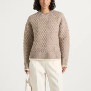 Nestlyorahome Oatmeal Beige Zenvoria Basketweave Knit Crewneck Long Sleeve Sweater