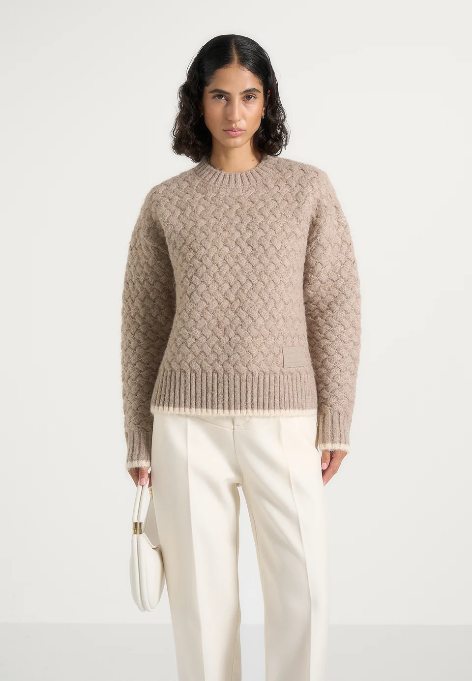 Nestlyorahome Oatmeal Beige Zenvoria Basketweave Knit Crewneck Long Sleeve Sweater