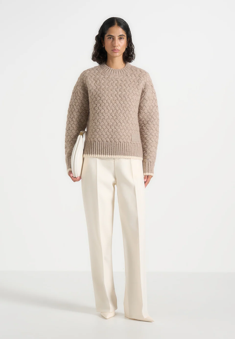 Nestlyorahome Oatmeal Beige Zenvoria Basketweave Knit Crewneck Long Sleeve Sweater - Image 2