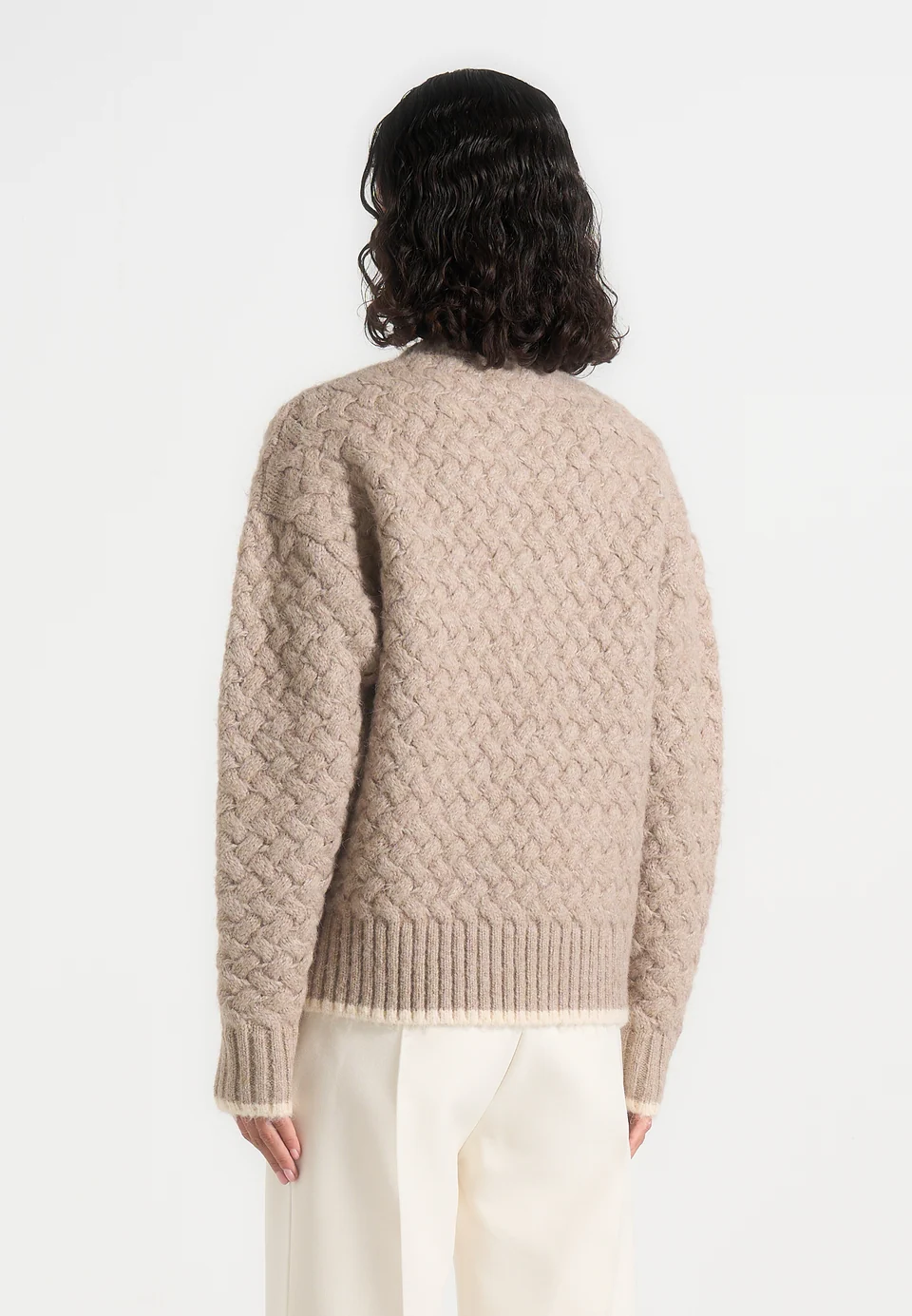 Nestlyorahome Oatmeal Beige Zenvoria Basketweave Knit Crewneck Long Sleeve Sweater - Image 3
