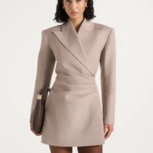 Nestlyorahome Soft Taupe Zenvrissa Wrap Front Ruched Waist Tailored Blazer Mini Dress