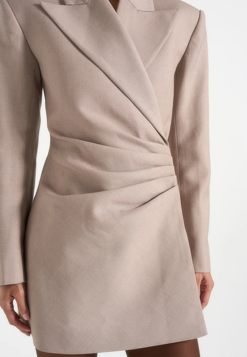 Nestlyorahome Soft Taupe Zenvrissa Wrap Front Ruched Waist Tailored Blazer Mini Dress - Image 3