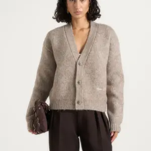 Nestlyorahome Taupe Velmoria V Neck Three Button Relaxed Cropped Knit Cardigan