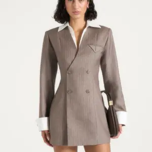 Nestlyorahome Taupe Veltrissa Pinstripe Double Breasted Long Sleeve Blazer Mini Dress