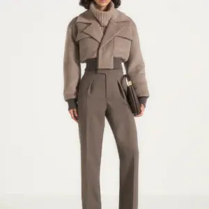Nestlyorahome Taupe Zenvoria Cropped Wool Look Jacket With Wide Lapels and Pockets