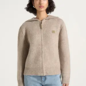 Oatmeal Beige Zenvoria Full Zip Knit Cardigan Ribbed Hem Nestlyorahome