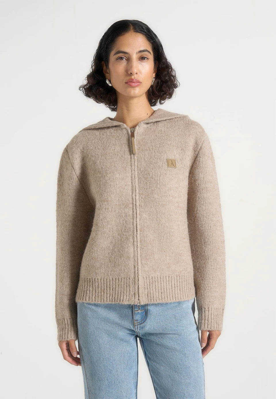 Oatmeal Beige Zenvoria Full Zip Knit Cardigan Ribbed Hem Nestlyorahome