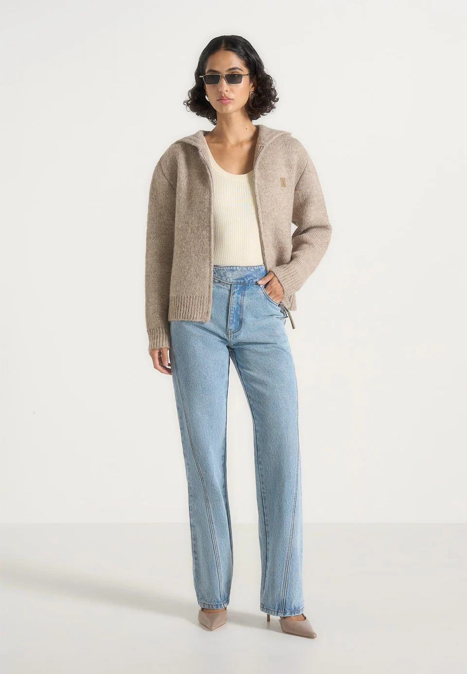 Oatmeal Beige Zenvoria Full Zip Knit Cardigan Ribbed Hem Nestlyorahome - Image 2