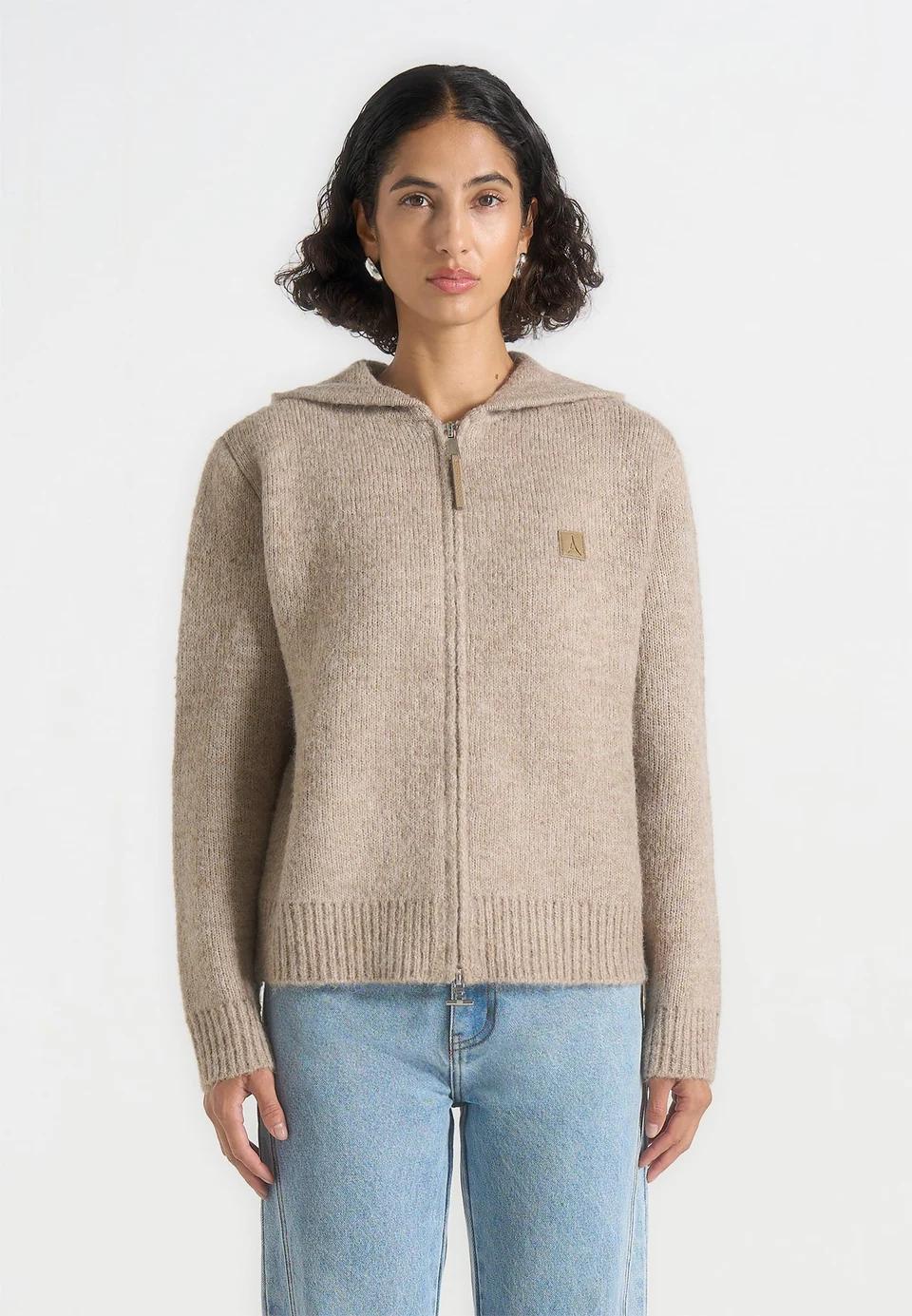 Oatmeal Beige Zenvoria Full Zip Knit Cardigan Ribbed Hem Nestlyorahome - Image 3