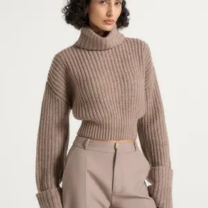 Taupe Velmoria Chunky Ribbed Cropped Turtleneck Sweater Nestlyorahome