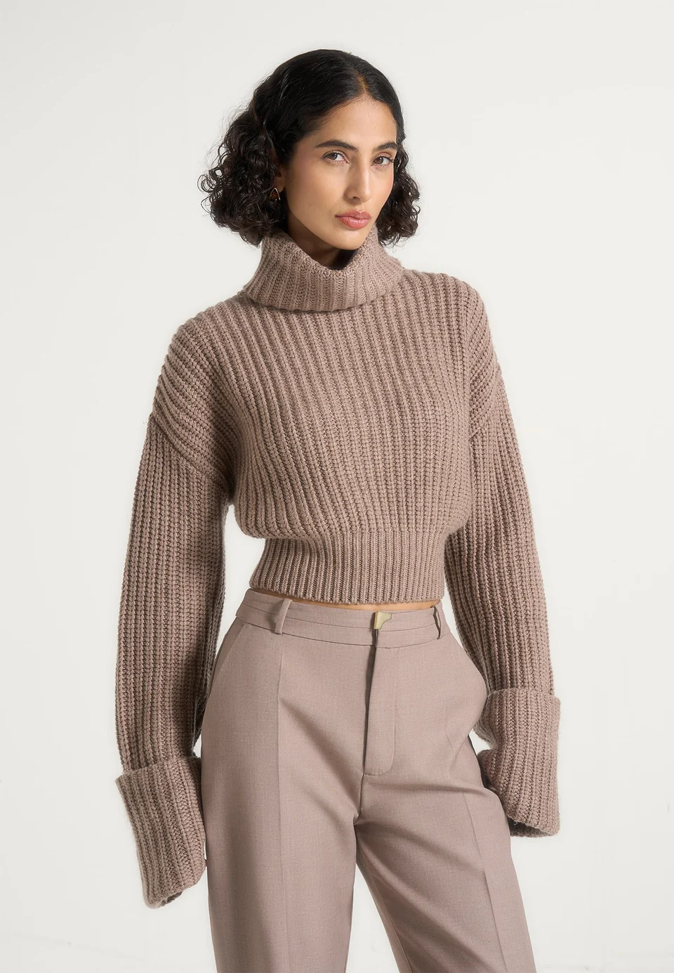 Taupe Velmoria Chunky Ribbed Cropped Turtleneck Sweater Nestlyorahome