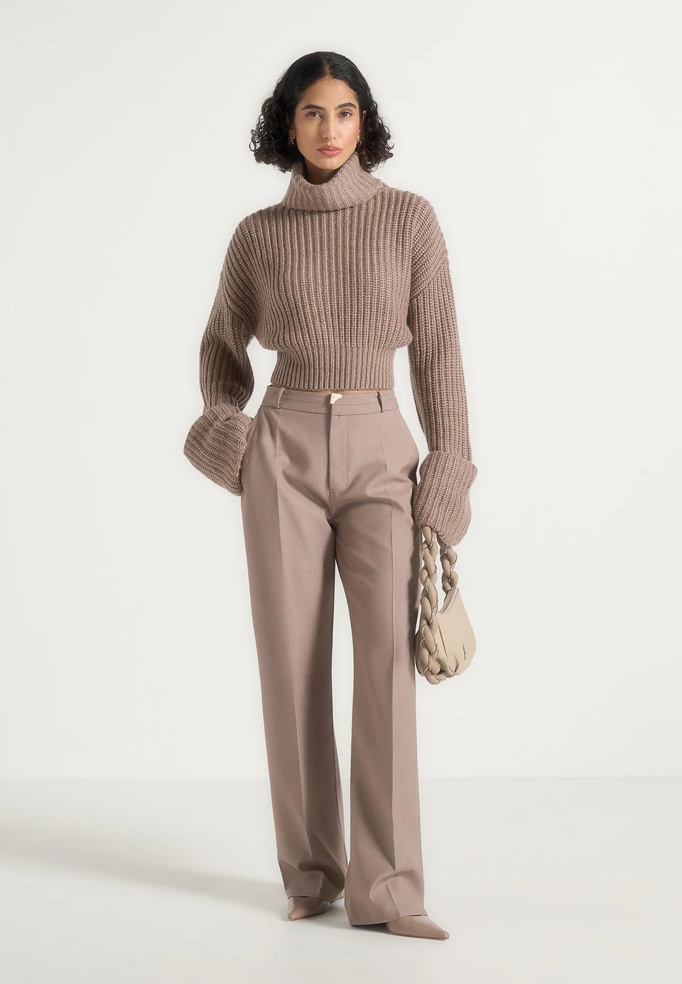 Taupe Velmoria Chunky Ribbed Cropped Turtleneck Sweater Nestlyorahome - Image 2