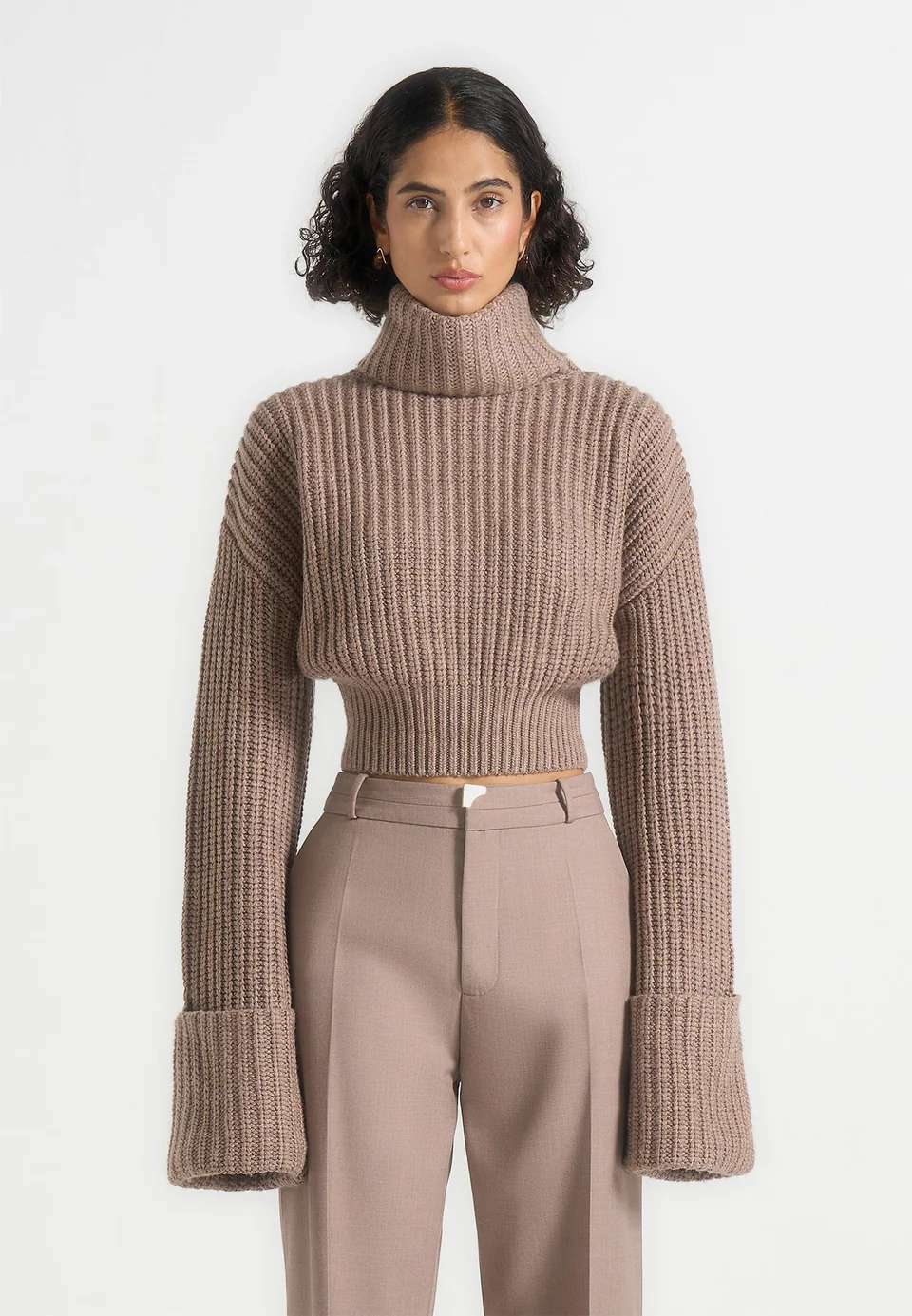Taupe Velmoria Chunky Ribbed Cropped Turtleneck Sweater Nestlyorahome - Image 3